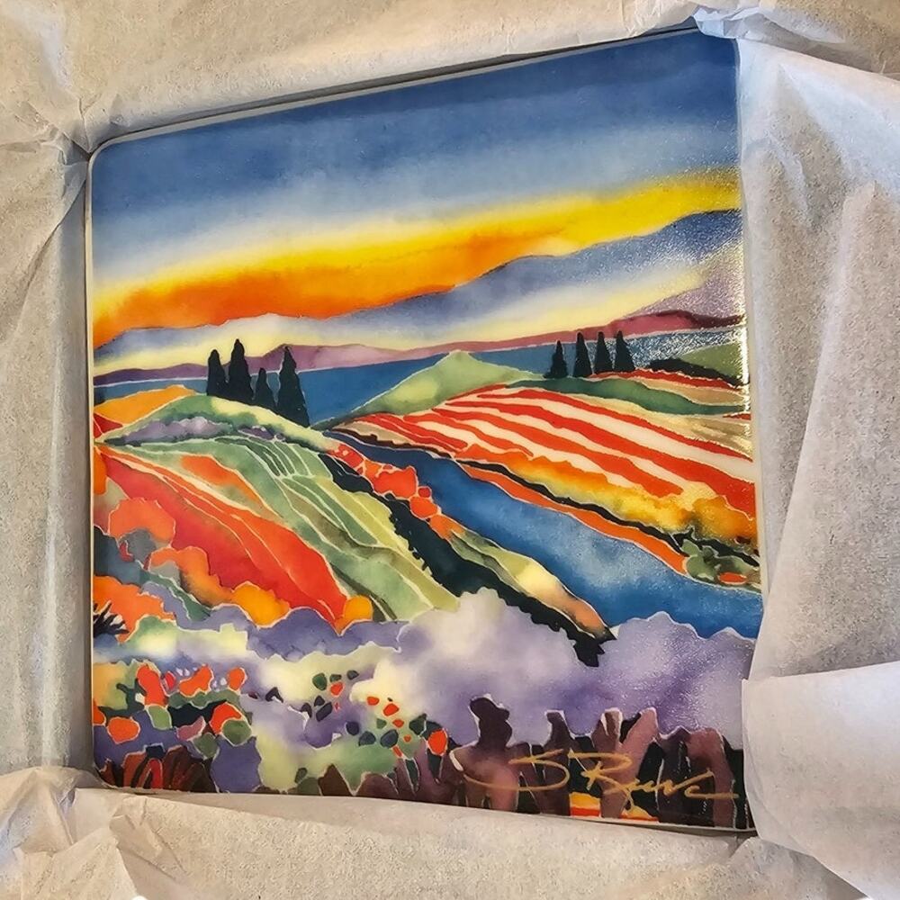 Sherri Reeve Bright Art Farm Scene Trivet Wall Art Ceramic Tile 6" Signed in Box